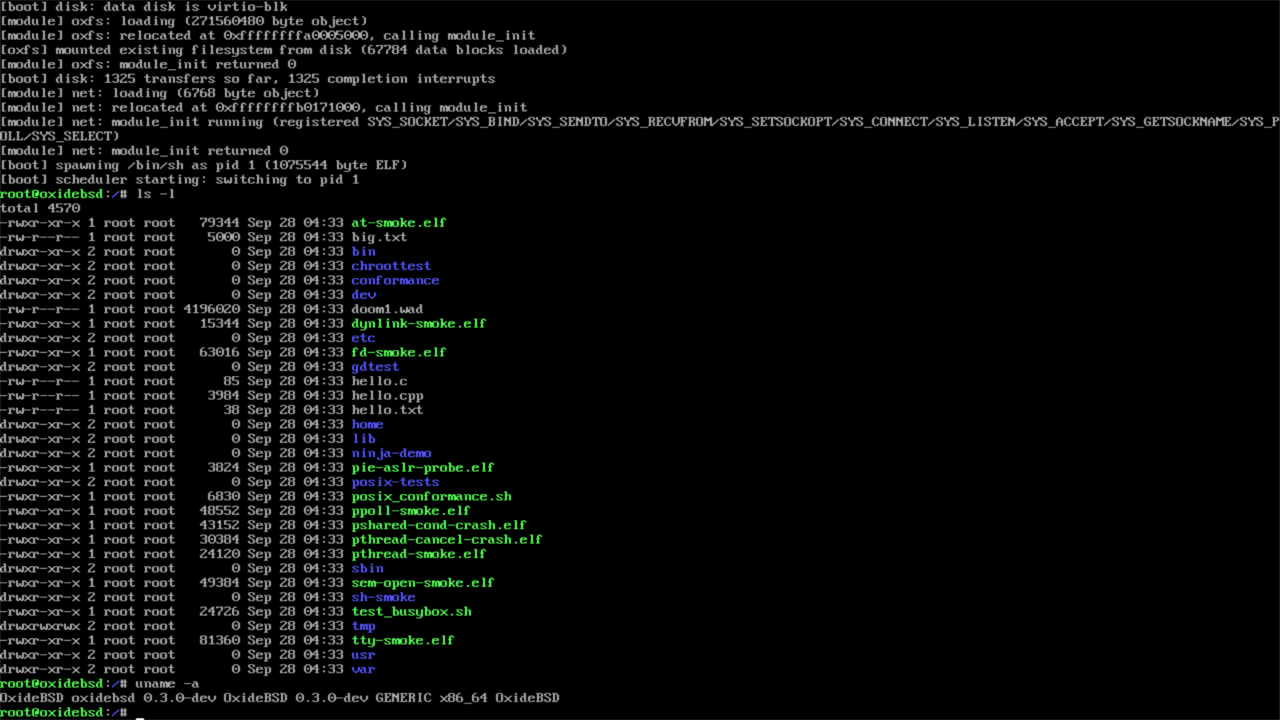 OxideBSD booting to a shell, with ls -l and uname -a